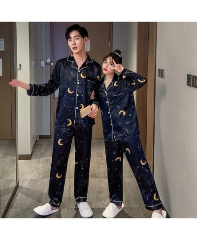 Autumn Couple Silk Pajamas Sets Cartoon Moon Star Printing Sleepwear for Women Men Nightwear Spring Casual Homewear Sleep $36...