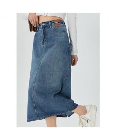 New A-line Midi Denim Skirt for Women Vintage Classic Blue Straight Long Jean Skirt Summer 2023 $47.05 - Skirts