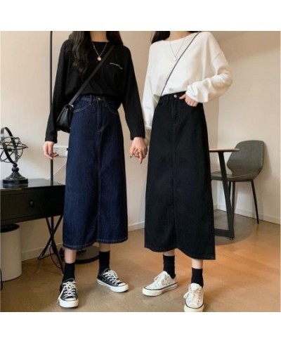 Skirts Women Casual Denim High Waist Straight Mid-calf Solid All-match Streetwear Elegant Retro Vintage Ulzzang Spring Female...