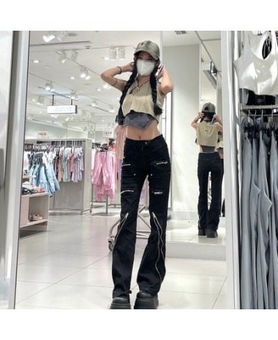 2023 Chic Harajuku Zipper Jeans Women Hip Hop Streetwear Black Flare Jeans Women Fashion Pants Y2k Grunge Gothic E-girl $57.7...