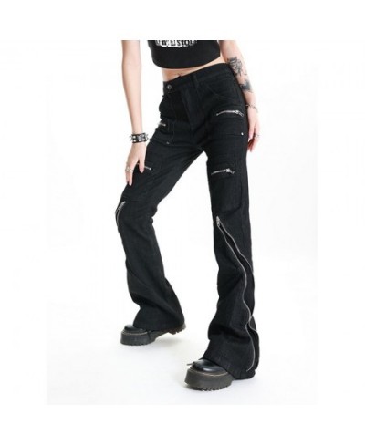 2023 Chic Harajuku Zipper Jeans Women Hip Hop Streetwear Black Flare Jeans Women Fashion Pants Y2k Grunge Gothic E-girl $57.7...