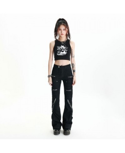 2023 Chic Harajuku Zipper Jeans Women Hip Hop Streetwear Black Flare Jeans Women Fashion Pants Y2k Grunge Gothic E-girl $57.7...