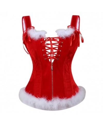 Sexy Santa Strap Corset Vest Women Zipper Red Feather Corsets Bustiers Lingerie Top Naughty Christmas Costumes Plus Size S-6X...