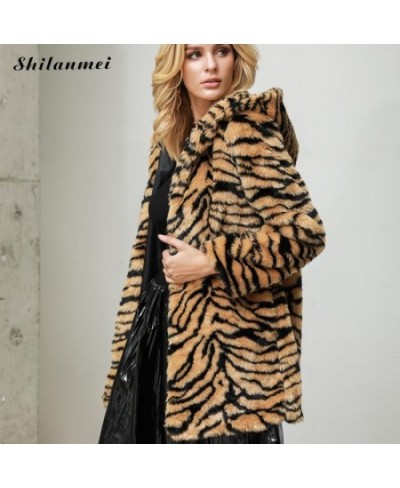 Tiger Print Faux Fur Coat Women 4xl Leopard Fur Jacket Long Sleeve Pockets Hooded Long Winter Fur Coat Fashion Fur Outwear $8...