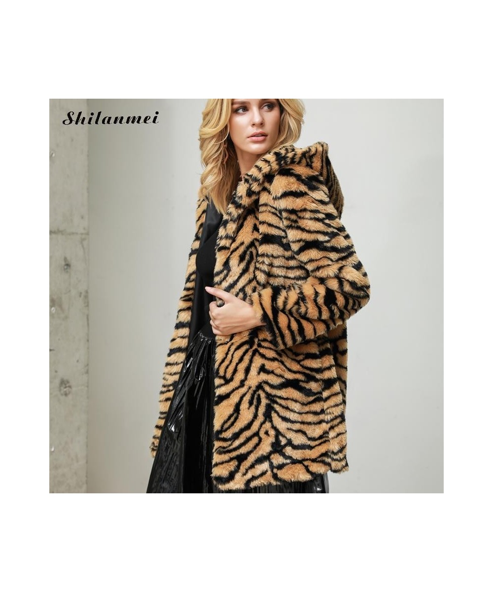 Tiger Print Faux Fur Coat Women 4xl Leopard Fur Jacket Long Sleeve Pockets Hooded Long Winter Fur Coat Fashion Fur Outwear $8...