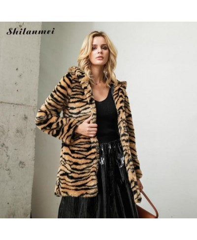 Tiger Print Faux Fur Coat Women 4xl Leopard Fur Jacket Long Sleeve Pockets Hooded Long Winter Fur Coat Fashion Fur Outwear $8...