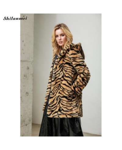 Tiger Print Faux Fur Coat Women 4xl Leopard Fur Jacket Long Sleeve Pockets Hooded Long Winter Fur Coat Fashion Fur Outwear $8...