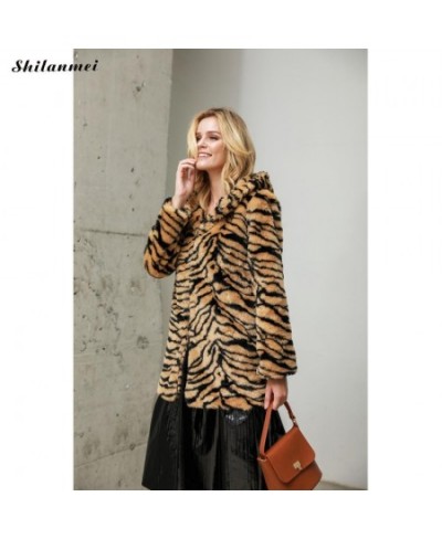 Tiger Print Faux Fur Coat Women 4xl Leopard Fur Jacket Long Sleeve Pockets Hooded Long Winter Fur Coat Fashion Fur Outwear $8...