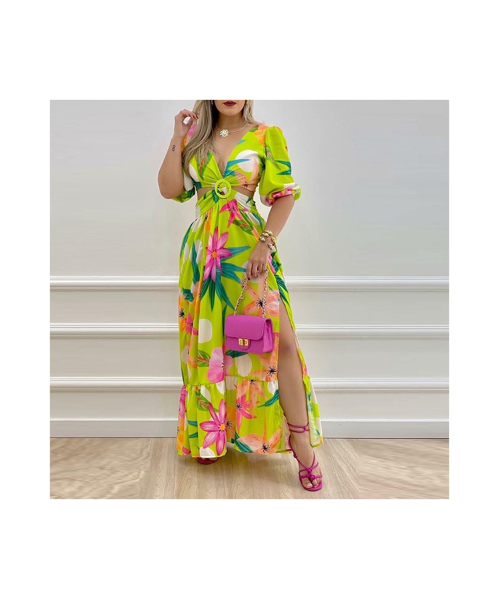 Sexy Deep V Hollow Out Beach Dress Women Summer Floral Print Dress Ladies Elegant Puff Half Sleeve Backless Lace-up Maxi $55....