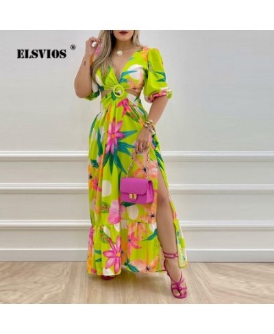 Sexy Deep V Hollow Out Beach Dress Women Summer Floral Print Dress Ladies Elegant Puff Half Sleeve Backless Lace-up Maxi $55....