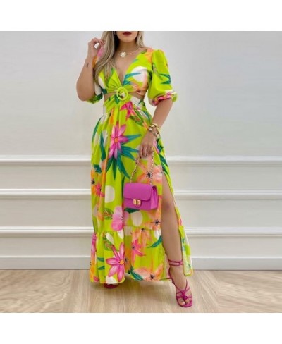 Sexy Deep V Hollow Out Beach Dress Women Summer Floral Print Dress Ladies Elegant Puff Half Sleeve Backless Lace-up Maxi $55....