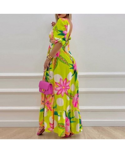 Sexy Deep V Hollow Out Beach Dress Women Summer Floral Print Dress Ladies Elegant Puff Half Sleeve Backless Lace-up Maxi $55....