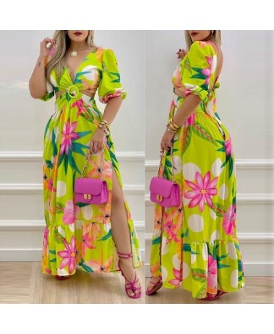 Sexy Deep V Hollow Out Beach Dress Women Summer Floral Print Dress Ladies Elegant Puff Half Sleeve Backless Lace-up Maxi $55....