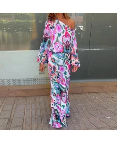 2022 Autumn Elegant Vintage Women Two Piece Set Bohemia Print Off Shoulder Shirt High Waist Long Skirt Suit Casual Outfits $5...