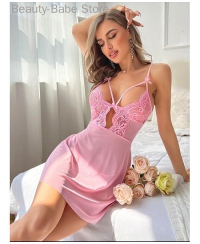 Women Sexy Solid Color Bowknot Decor Contrast Lace Sheer Mesh Babydoll $32.70 - Sleepwears