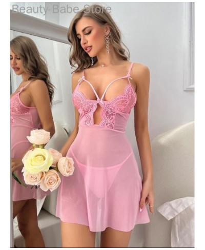 Women Sexy Solid Color Bowknot Decor Contrast Lace Sheer Mesh Babydoll $32.70 - Sleepwears