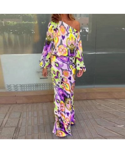 2022 Autumn Elegant Vintage Women Two Piece Set Bohemia Print Off Shoulder Shirt High Waist Long Skirt Suit Casual Outfits $5...