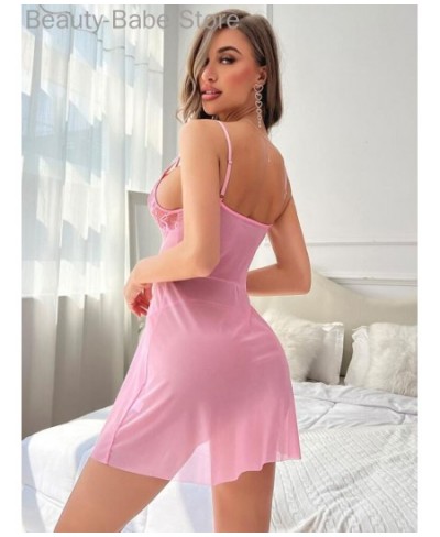 Women Sexy Solid Color Bowknot Decor Contrast Lace Sheer Mesh Babydoll $32.70 - Sleepwears