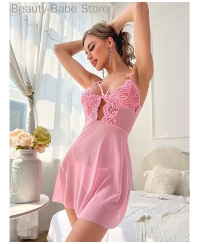 Women Sexy Solid Color Bowknot Decor Contrast Lace Sheer Mesh Babydoll $32.70 - Sleepwears