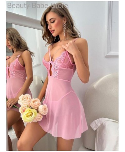 Women Sexy Solid Color Bowknot Decor Contrast Lace Sheer Mesh Babydoll $32.70 - Sleepwears