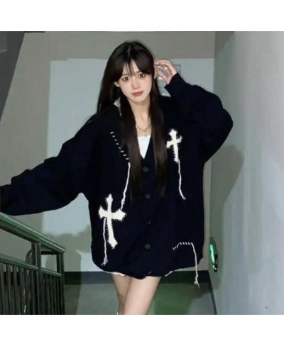 Loose Streetwear Embroidery Cardigan Women Korean Jacquard Oversized Knitted Sweater Coat 2023 Dark Fashion Black White $47.3...