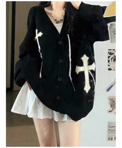 Loose Streetwear Embroidery Cardigan Women Korean Jacquard Oversized Knitted Sweater Coat 2023 Dark Fashion Black White $47.3...