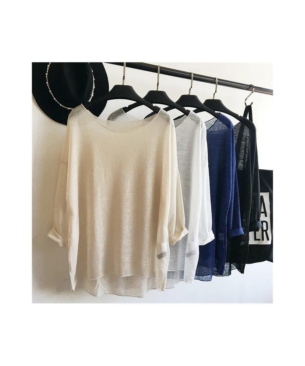 Lightweight big round neck horizontal texture pullover spring and summer perspective sexy loose sunscreen knitted blouse $24....