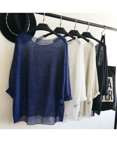 Lightweight big round neck horizontal texture pullover spring and summer perspective sexy loose sunscreen knitted blouse $24....