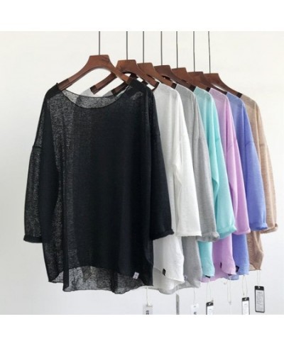 Lightweight big round neck horizontal texture pullover spring and summer perspective sexy loose sunscreen knitted blouse $24....