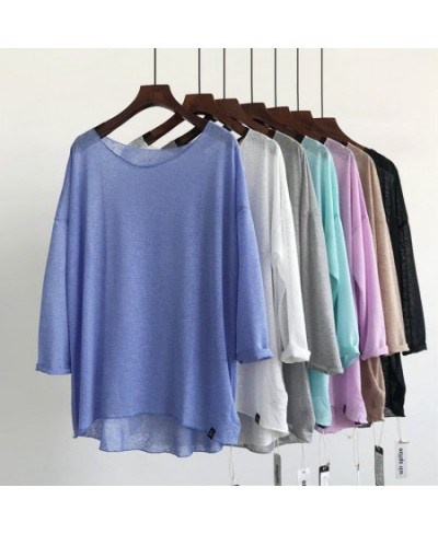 Lightweight big round neck horizontal texture pullover spring and summer perspective sexy loose sunscreen knitted blouse $24....