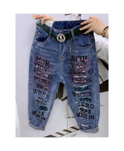 2023 Spring Summer Korean Fashion Women Hole Design Loose Jeans All-matched Casual Letter Print Cotton Denim Harem Pants C706...