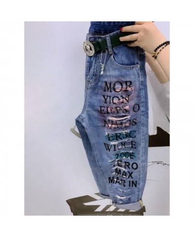 2023 Spring Summer Korean Fashion Women Hole Design Loose Jeans All-matched Casual Letter Print Cotton Denim Harem Pants C706...