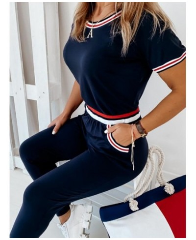 Contrast Binding Short Sleeve Top & Pockets Design Pants Sets Casual Workout Women Two Piece Set $42.87 - Suits & Sets