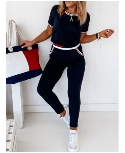 Contrast Binding Short Sleeve Top & Pockets Design Pants Sets Casual Workout Women Two Piece Set $42.87 - Suits & Sets