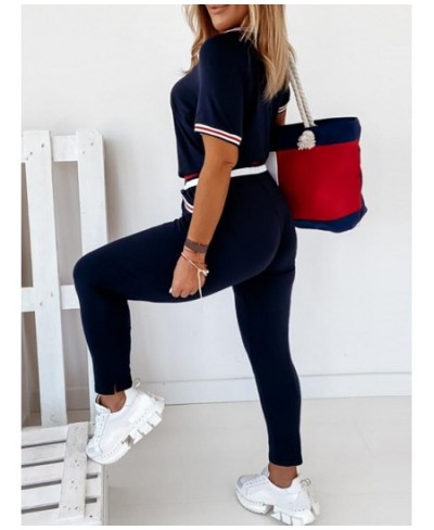 Contrast Binding Short Sleeve Top & Pockets Design Pants Sets Casual Workout Women Two Piece Set $42.87 - Suits & Sets