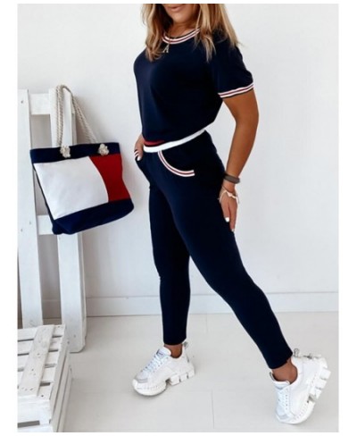 Contrast Binding Short Sleeve Top & Pockets Design Pants Sets Casual Workout Women Two Piece Set $42.87 - Suits & Sets