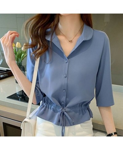 Female Blouses Summer All-match Solid Half Sleeve Chiffon Shirt Women Fashion Casual Simple Turn-down Collar Chic Top $25.41 ...