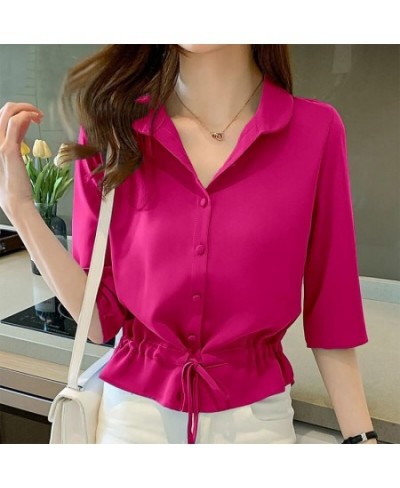 Female Blouses Summer All-match Solid Half Sleeve Chiffon Shirt Women Fashion Casual Simple Turn-down Collar Chic Top $25.41 ...