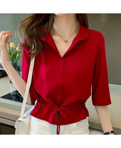 Female Blouses Summer All-match Solid Half Sleeve Chiffon Shirt Women Fashion Casual Simple Turn-down Collar Chic Top $25.41 ...