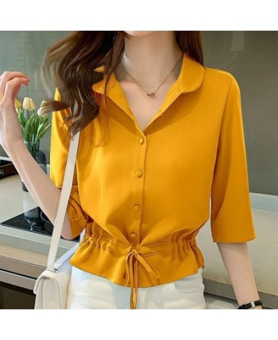 Female Blouses Summer All-match Solid Half Sleeve Chiffon Shirt Women Fashion Casual Simple Turn-down Collar Chic Top $25.41 ...