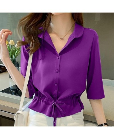 Female Blouses Summer All-match Solid Half Sleeve Chiffon Shirt Women Fashion Casual Simple Turn-down Collar Chic Top $25.41 ...