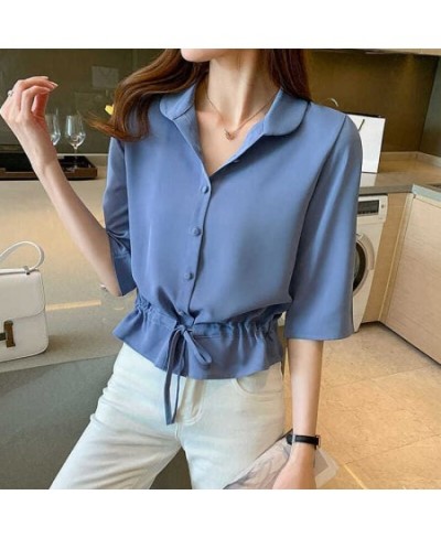 Female Blouses Summer All-match Solid Half Sleeve Chiffon Shirt Women Fashion Casual Simple Turn-down Collar Chic Top $25.41 ...