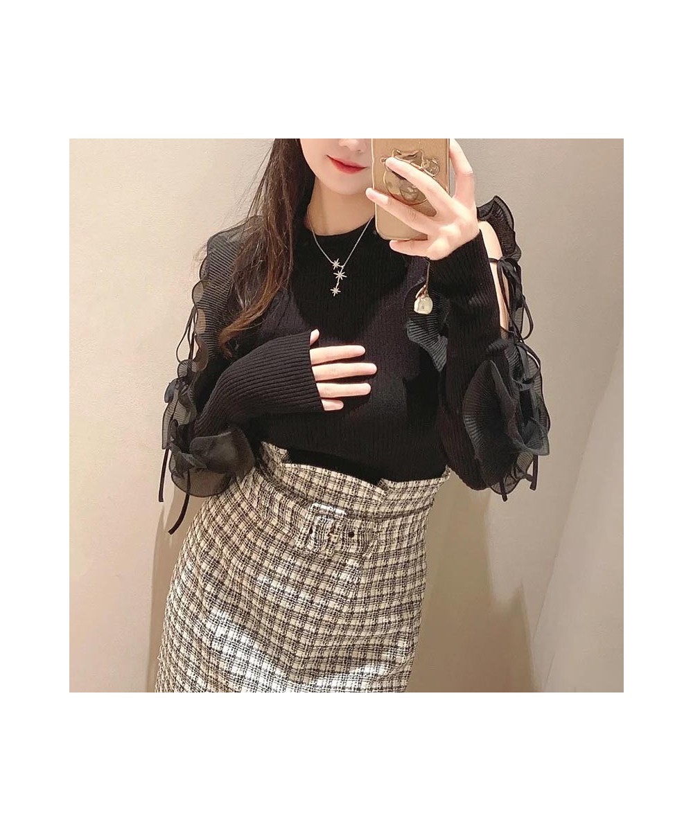 Kuzuwata Sweet Fairy Ruffled Lace Up Off Shoulder Pull Femme Slim Knit Patchwork Sweaters 2023 JAPAN New Autumn Winer Jumpers...