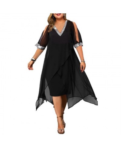 Women's Plus Size Black Elegant Dress Chiffon Sequined V Neck Slit Sleeve Layerd Party Dress Women Evening Prom Gown Dresses ...