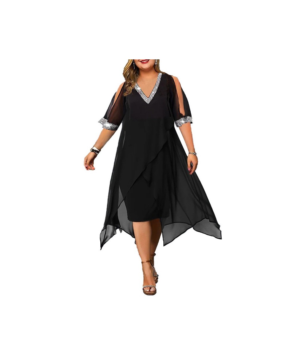 Women's Plus Size Black Elegant Dress Chiffon Sequined V Neck Slit Sleeve Layerd Party Dress Women Evening Prom Gown Dresses ...