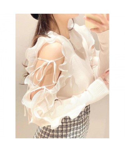 Kuzuwata Sweet Fairy Ruffled Lace Up Off Shoulder Pull Femme Slim Knit Patchwork Sweaters 2023 JAPAN New Autumn Winer Jumpers...