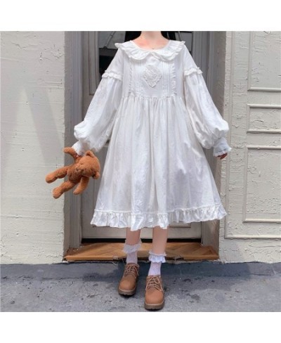 Japanese Autumn Sweety Preppy Style Girly Dress Kawaii Peter Pan Collar Lace Cute Ruffles Full Sleeve Loose A-Line White $61....