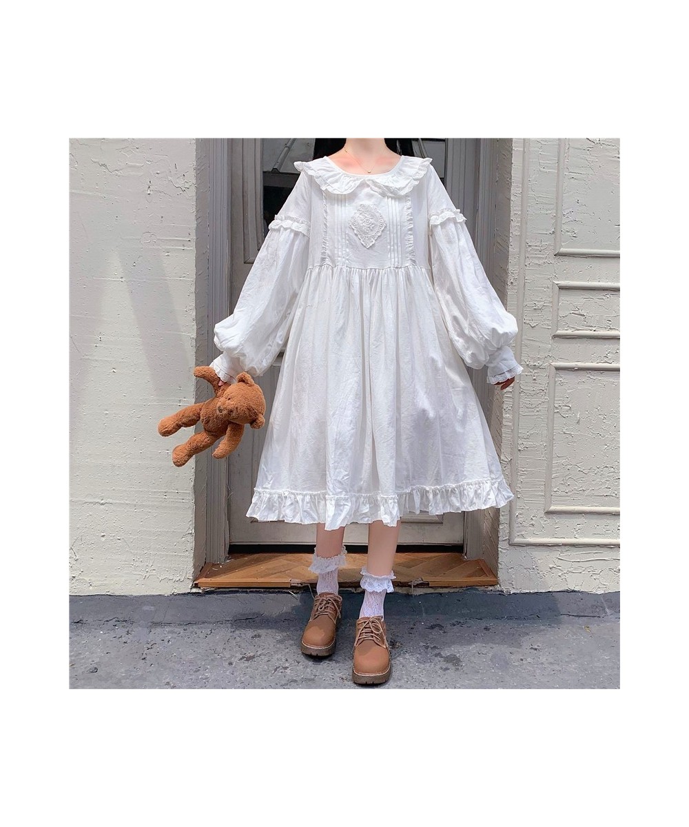 Japanese Autumn Sweety Preppy Style Girly Dress Kawaii Peter Pan Collar Lace Cute Ruffles Full Sleeve Loose A-Line White $61....