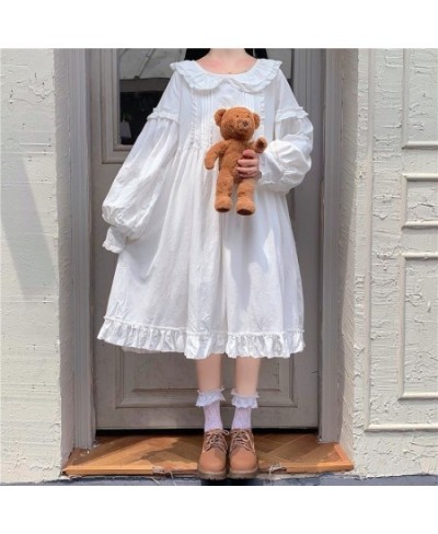 Japanese Autumn Sweety Preppy Style Girly Dress Kawaii Peter Pan Collar Lace Cute Ruffles Full Sleeve Loose A-Line White $61....