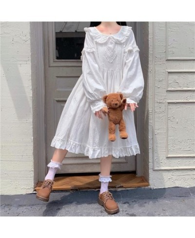 Japanese Autumn Sweety Preppy Style Girly Dress Kawaii Peter Pan Collar Lace Cute Ruffles Full Sleeve Loose A-Line White $61....